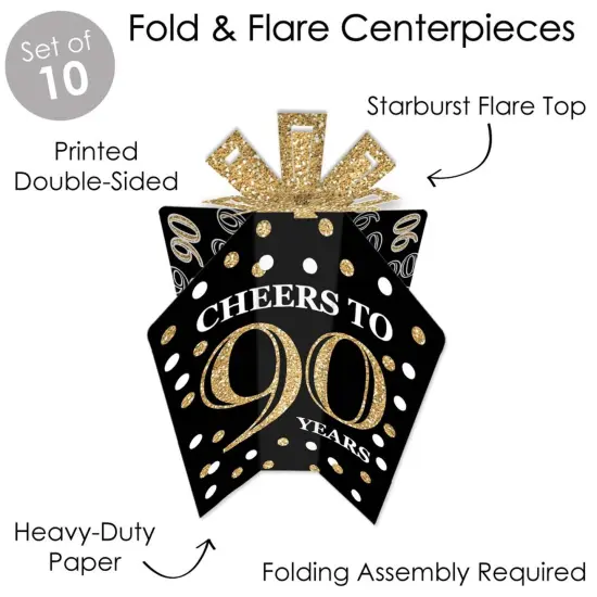 Big Dot of Happiness Adult 90th Birthday - Gold - Table Decorations - Birthday Party Fold and Flare Centerpieces - 10 Count {4}