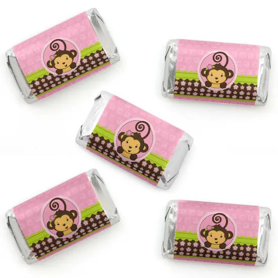 Big Dot of Happiness Pink Monkey Girl - Mini Candy Bar Wrapper Stickers - Baby Shower or Birthday Party Small Favors - 40 Count {1}