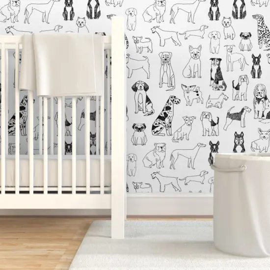 Pre-Pasted Wallpaper 2FT Wide Black White Dogs Ink Drawing Dalmatian Labrador Retriever Terrier St Bernard Dog Breeds Custom Pre-pasted Wallpaper by Spoonflower {7}