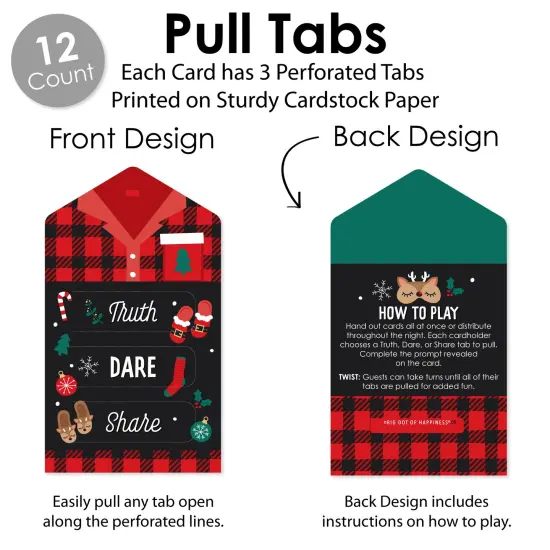 Big Dot of Happiness Christmas Pajamas - Holiday Plaid PJ Party Game Pickle Cards - Truth, Dare, Share Pull Tabs - Set of 12 {4}