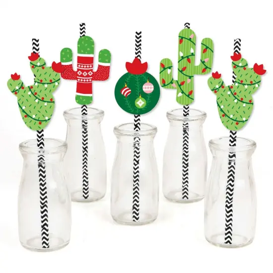Big Dot of Happiness Merry Cactus - Paper Straw Decor - Christmas Cactus Party Striped Decorative Straws - Set of 24 {1}