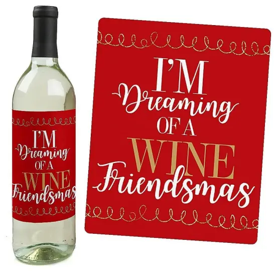 Big Dot of Happiness Red and Gold Friendsmas - Friends Christmas Party Decorations for Women and Men - Wine Bottle Label Stickers - Set of 4 {6}