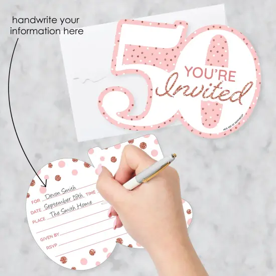 Big Dot of Happiness 50th Pink Rose Gold Birthday - Shaped Fill-In Invitations - Happy Birthday Party Invitation Cards with Envelopes - Set of 12 {3}