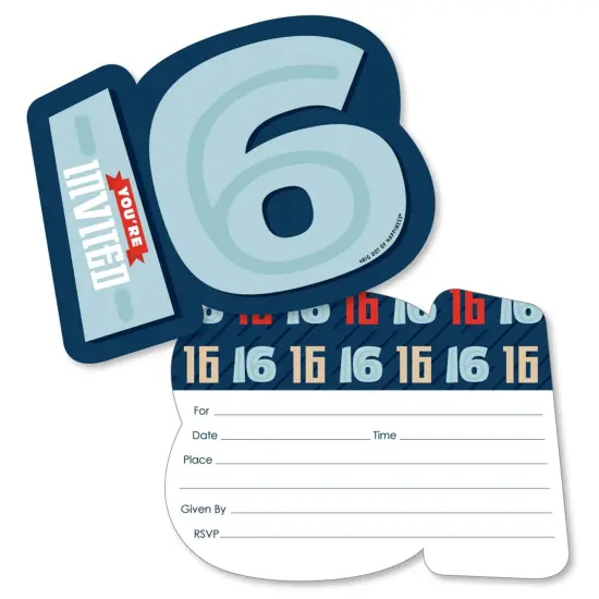 Big Dot of Happiness Boy 16th Birthday - Shaped Fill-In Invitations - Sweet Sixteen Birthday Party Invitation Cards with Envelopes - Set of 12 {1}