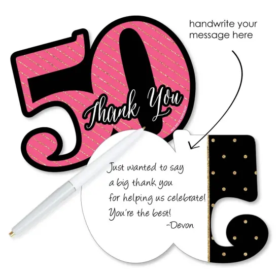 Big Dot of Happiness Chic 50th Birthday - Pink, Black & Gold - Shaped Thank You Cards - Birthday Party Thank You Note Cards with Envelopes - Set of 12 {3}