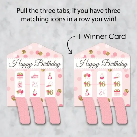 Big Dot of Happiness Sweet 16 - 16th Birthday Party Game Pickle Cards - Pull Tabs 3-in-a-Row - Set of 12 {4}