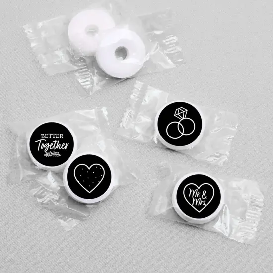 Big Dot of Happiness Mr. and Mrs. - Black and White Wedding or Bridal Shower Round Candy Sticker Favors - Labels Fits Chocolate Candy (1 sheet of 108) {4}