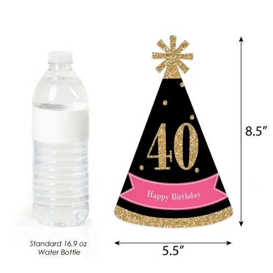 Big Dot of Happiness Chic 40th Birthday - Pink, Black and Gold - Cone Birthday Party Hats for Adults - Set of 8 (Standard Size) {4}