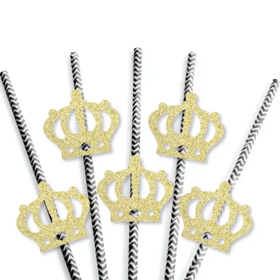 Big Dot of Happiness Gold Glitter Prince Crown Party Straws - No-Mess Real Glitter Cut-Outs & Baby Shower or Birthday Party Paper Straws - Set of 24 {4}