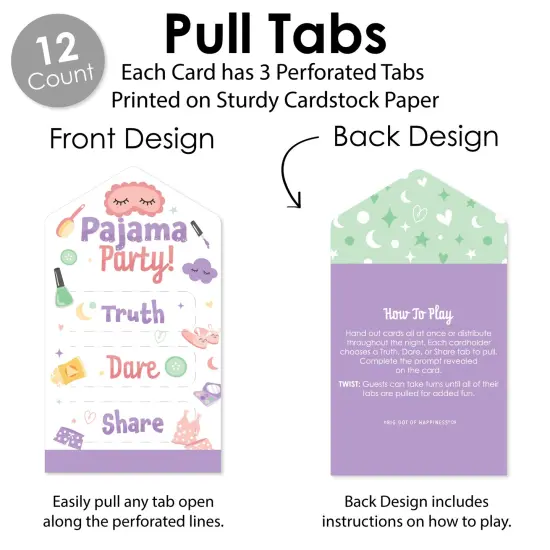 Big Dot of Happiness Pajama Slumber Party - Girls Sleepover Birthday Party Game Pickle Cards - Truth, Dare, Share Pull Tabs - Set of 12 {4}