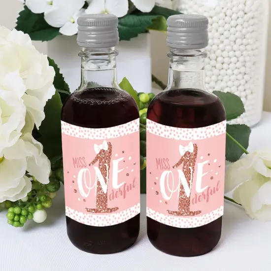 Big Dot of Happiness 1st Birthday Little Miss Onederful - Mini Wine Bottle Label Stickers - First Birthday Favor Gift for Women and Men - Set of 16 {6}