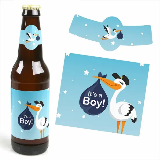 Big Dot of Happiness Boy Special Delivery - Blue It's A Boy Stork Baby Shower Decorations for Women & Men - 6 Beer Bottle Label Stickers & 1 Carrier {6}