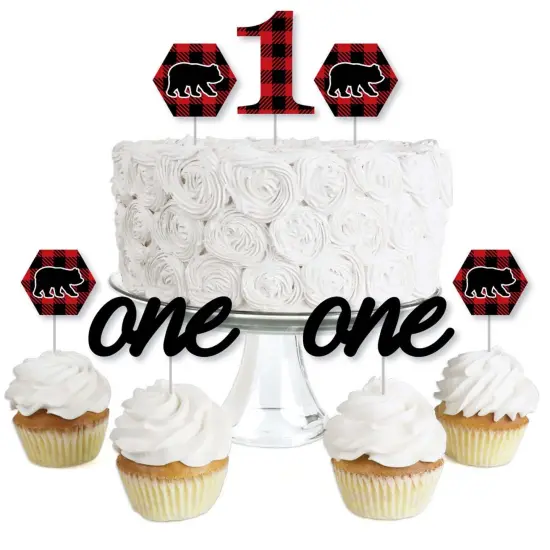 Big Dot of Happiness 1st Birthday Lumberjack - Channel the Flannel - Dessert Cupcake Toppers - Plaid First Birthday Party Clear Treat Picks - 24 Ct {1}