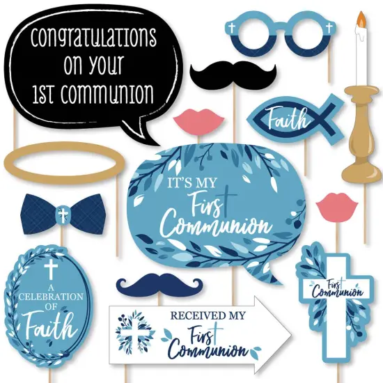 Big Dot of Happiness First Communion Blue Elegant Cross - Boy Religious Party Photo Booth Props Kit - 20 Count {1}