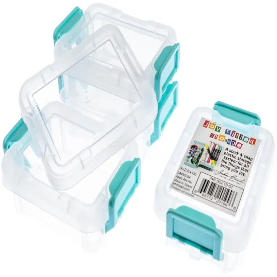 John Bead Joy Filled Storage Stackable Containers 4/Pkg-Clear/Turquoise 3"X2.5"X1" {5}