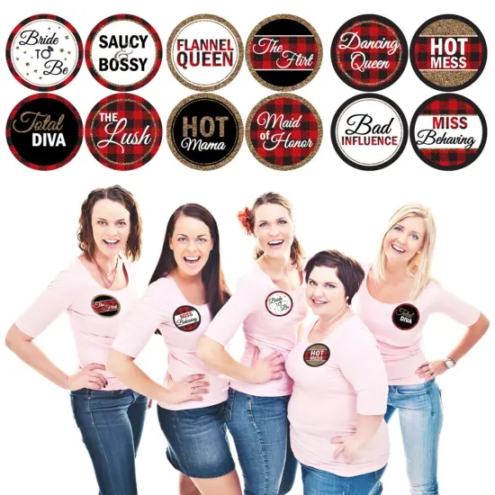 Big Dot of Happiness Flannel Fling Before the Ring - Buffalo Plaid Bachelorette Party Badges Sticker Set of 12 {1}