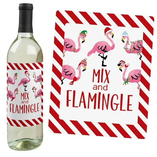 Big Dot of Happiness Flamingle Bells - Tropical Flamingo Christmas Decorations for Women and Men - Wine Bottle Label Stickers - Set of 4 {4}