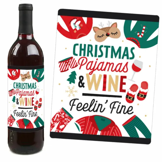 Big Dot of Happiness Christmas Pajamas - Holiday Plaid PJ Party Decorations for Women and Men - Wine Bottle Label Stickers - Set of 4 {4}