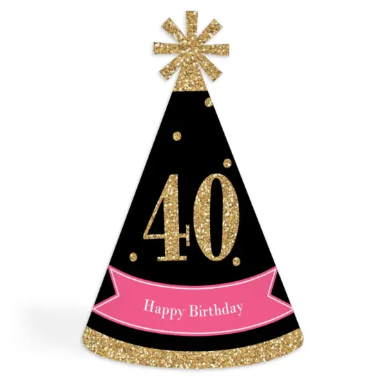 Big Dot of Happiness Chic 40th Birthday - Pink, Black and Gold - Cone Birthday Party Hats for Adults - Set of 8 (Standard Size) {1}