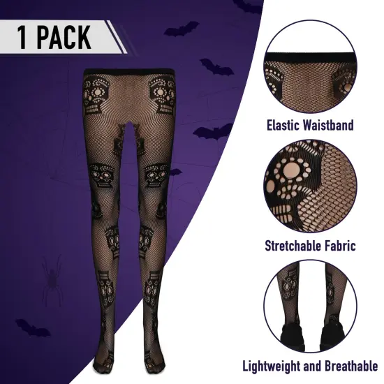 Black Fishnet Skull Tights - Gothic Day of the Dead Halloween Fish Net Pantyhose with Ripped Skeleton Sugar Skulls Stockings {5}