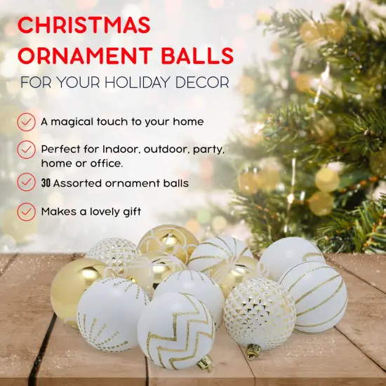 RN&rsquo;D Christmas Decorative Ball Ornaments &ndash; White and Gold Christmas Ball Hanging Tree Ornament Set Assorted Designs - 30 Piece Set {6}