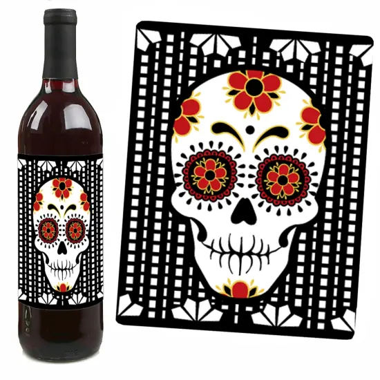 Big Dot of Happiness Day of the Dead - Sugar Skull Decorations for Women and Men - Wine Bottle Label Stickers - Set of 4 {7}