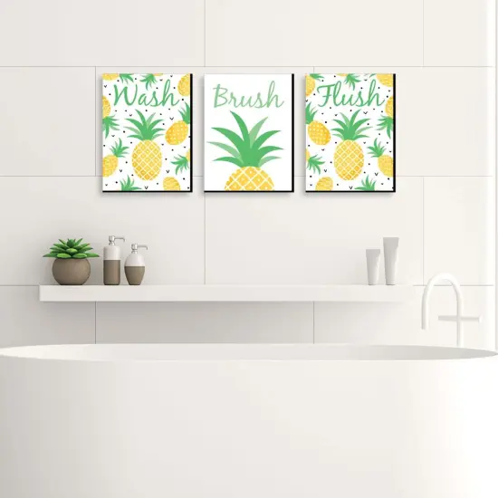 Big Dot of Happiness Tropical Pineapple - Kids Bathroom Rules Wall Art - 7.5 x 10 inches - Set of 3 Signs - Wash, Brush, Flush {3}