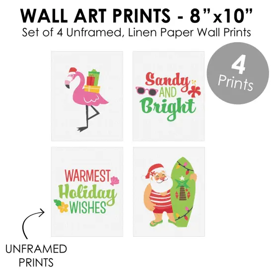Big Dot of Happiness Tropical Christmas - Unframed Beach Santa and Flamingo Holiday Linen Paper Wall Art - Set of 4 - Artisms - 8 x 10 inches {6}