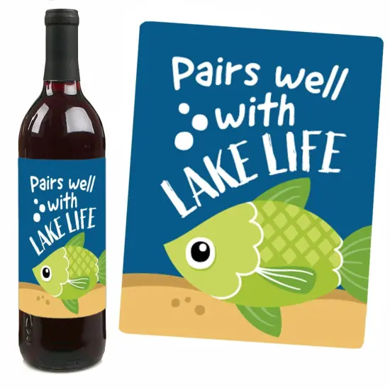 Big Dot of Happiness Let's Go Fishing - Fish Themed Birthday Party or Baby Shower Decorations for Women & Men - Wine Bottle Label Stickers - Set of 4 {7}