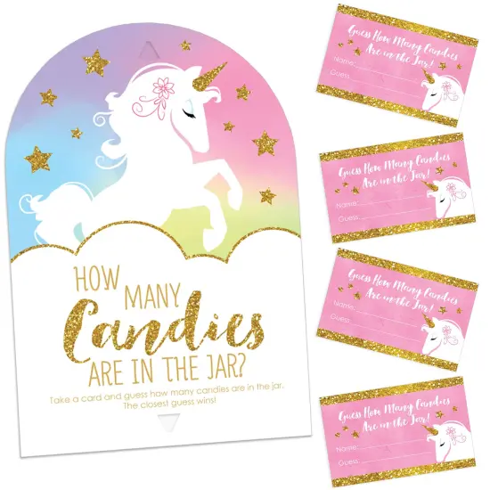 Big Dot of Happiness Rainbow Unicorn - How Many Candies Magical Unicorn Baby Shower or Birthday Party Game - 1 Stand and 40 Cards Candy Guessing Game {1}