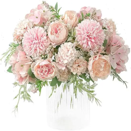 Artificial Flower Bunches, Fake Peony Silk Hydrangea Bouquet, Table Wedding Decor, Faux Flower Arrangements, Blush Pink {1}