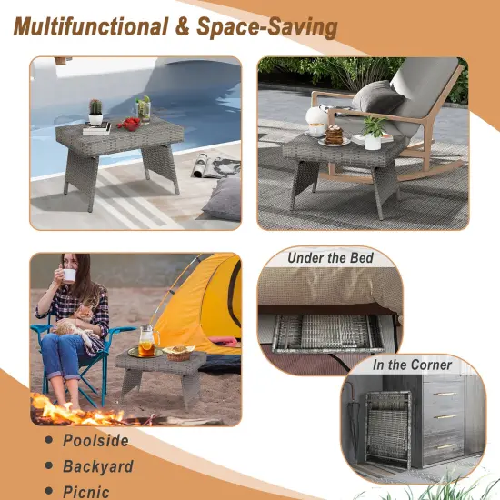 Costway Patio Folding Rattan Wicker Side Table End Coffee Table Portable Garden Mix Grey {6}