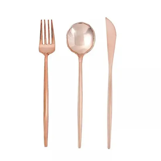 24 ROSE GOLD Premium PLASTIC CUTLERY Spoon Fork Knife Set {1}