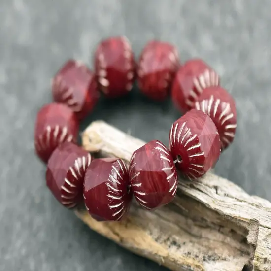 *10* 10mm Platinum Washed Red Opaline Center Cut Cruller Beads {2}