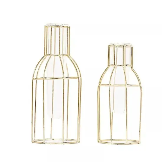 2 GOLD Geometric Bottles with Clear Glass Tubes Wedding Home Flower Vase Holders {1}