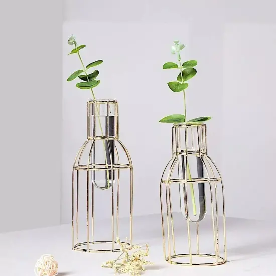 2 GOLD Geometric Bottles with Clear Glass Tubes Wedding Home Flower Vase Holders {4}