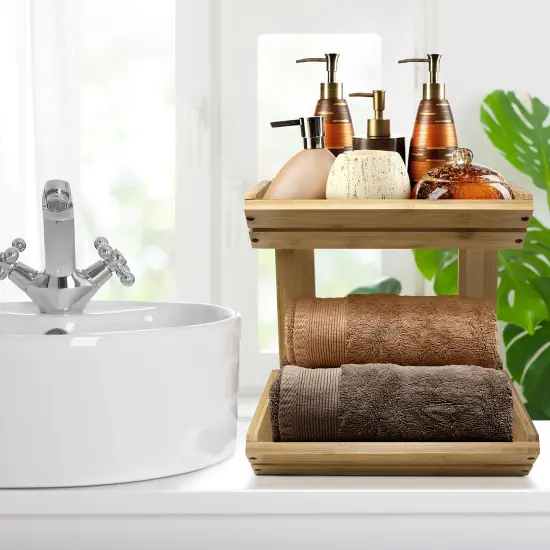 Sorbus 2-Tier Bamboo Basket Rack Stand Holder for Kitchen Counters, Home Storage Basket Display Tray for Fruit Vegetables Snacks Bread {4}