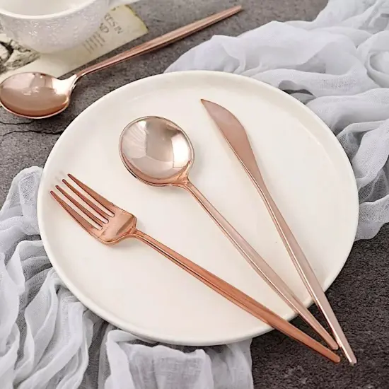 24 ROSE GOLD Premium PLASTIC CUTLERY Spoon Fork Knife Set {3}