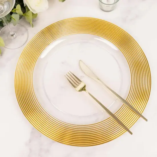 CLEAR GOLD 6 Round 13" Plastic CHARGER PLATES Lined Rim {1}