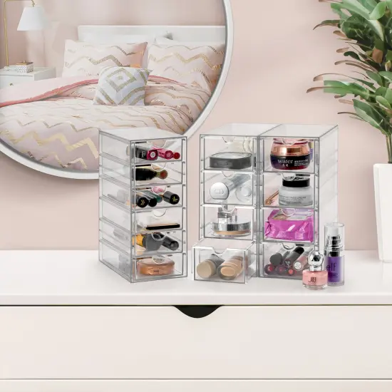 Sorbus 14 Drawers Acrylic Organizer for Makeup, Organization and Storage, Art Supplies, Jewelry, Stationary - 3 Pcs Clear Stackable Storage Drawers {6}