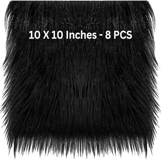 FabricLA Faux Fur Fabric - 8 Pieces Square Fur Material Fabric - 10" X 10" Inches (25cm x 25cm) - Shaggy Fur Patches Fabric Cuts Chair Cover Seat Cushion for DIY Craft - Black {2}