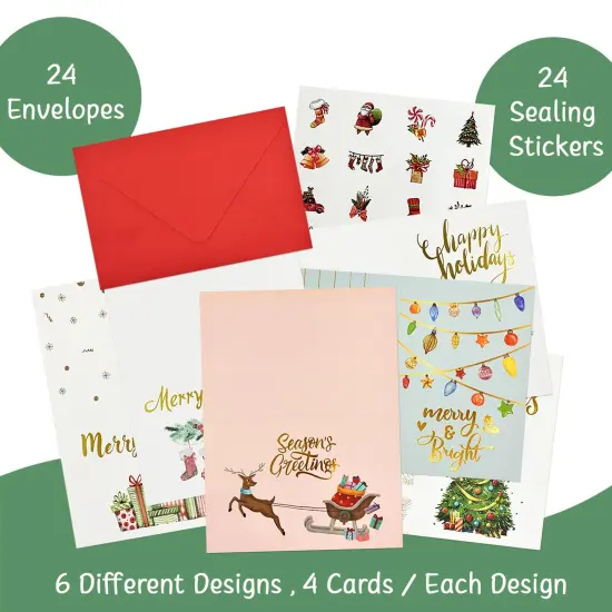 Wrapables Blank Gold Foil Christmas Greeting Cards with Envelopes & Stickers for Holidays, Friends, Family (Set of 24) {3}