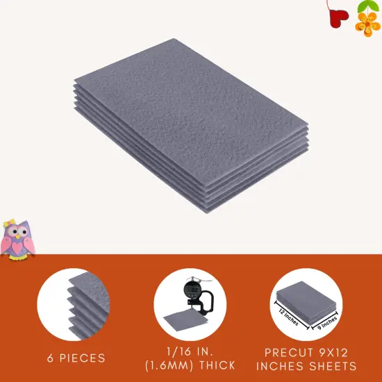 FabricLA Acrylic Felt Sheets for Crafts - Precut 9" X 12" Inches (20 cm X 30 cm) Felt Squares - Use Felt Fabric Craft Sheets for DIY, Hobby, Costume, and Decoration | Grey - 6 Pieces {3}