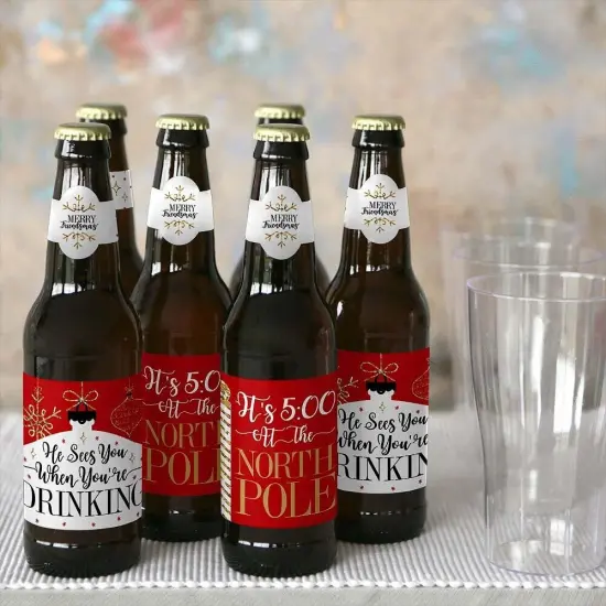 Big Dot of Happiness Red and Gold Friendsmas - Friends Christmas Party Decorations for Women and Men - 6 Beer Bottle Label Stickers and 1 Carrier {7}
