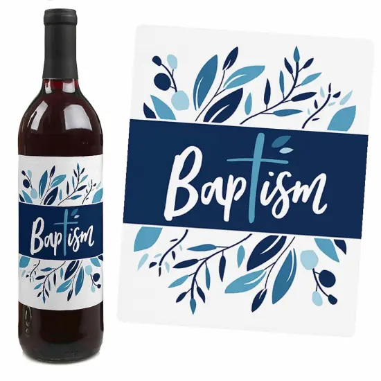 Big Dot of Happiness Baptism Blue Elegant Cross - Boy Religious Party Decorations for Women and Men - Wine Bottle Label Stickers - Set of 4 {7}