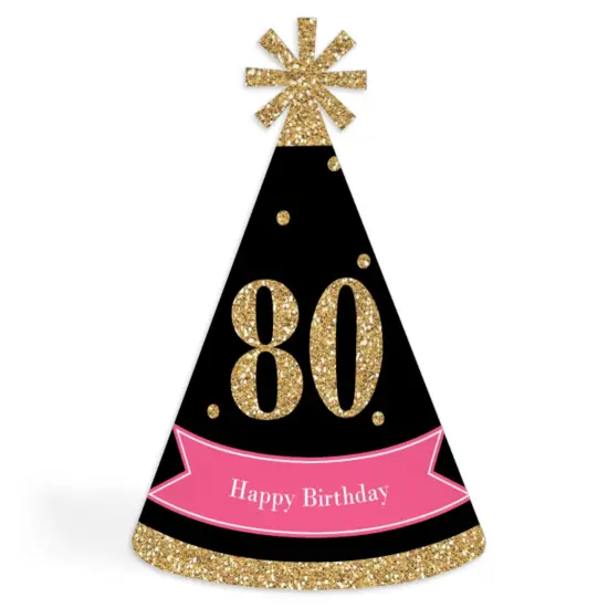 Big Dot of Happiness Chic 80th Birthday - Pink, Black and Gold - Cone Happy Birthday Party Hats for Adults - Set of 8 (Standard Size) {1}