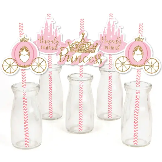 Big Dot of Happiness Little Princess Crown - Paper Straw Decor - Pink & Gold Baby Shower or Birthday Party Striped Decorative Straws - Set of 24 {1}