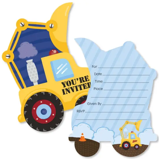 Big Dot of Happiness Construction Truck - Shaped Fill-in Invitations - Baby Shower or Birthday Party Invitation Cards with Envelopes - Set of 12 {1}