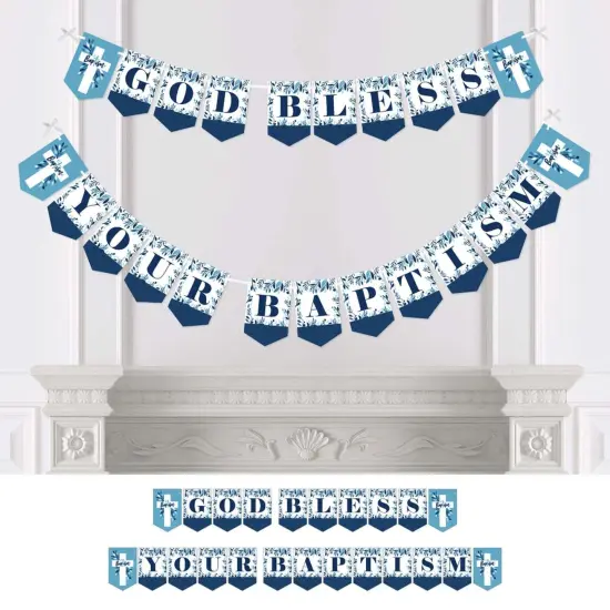 Big Dot of Happiness Baptism Blue Elegant Cross - Boy Religious Party Bunting Banner - Party Decorations - God Bless Your Baptism {1}