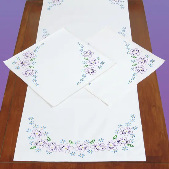 Jack Dempsey Stamped Dresser Scarf & Doilies Perle Edge-Lavender Flowers {2}